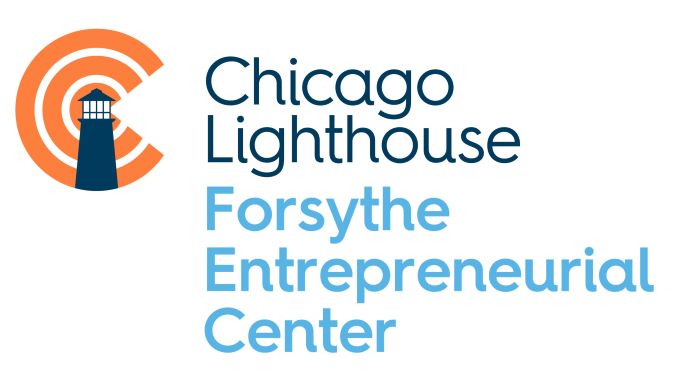 Chicago Lighthouse Forsythe Entrepreneurial Center logo with blue writing on a white background and a stylized blue lighthouse superimposed on 3 concentric orange arcs that look like either a beacon or the letter C